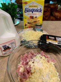 Image of Stir together Bisquick, shredded cheese, ham and cayenne pepper.