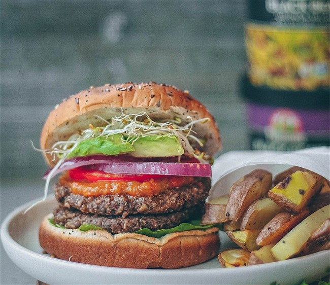 Image of Black Bean Burger with Roasted Red Pepper Spread by Taavi Moore