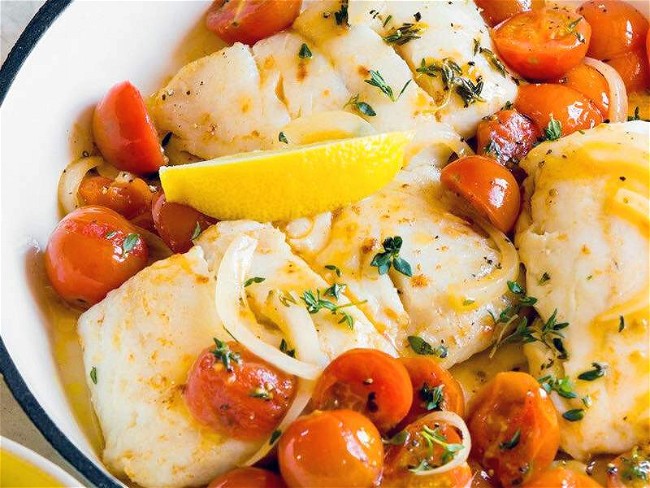 Image of Pan Roasted Black Sea Bass with Burst Tomatoes Recipe