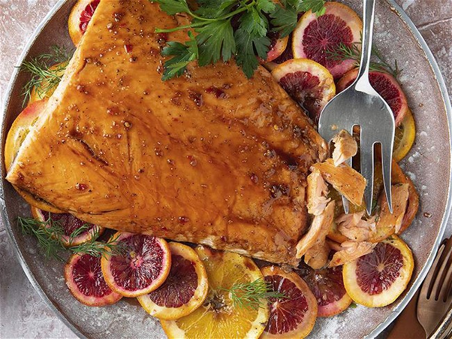Image of Pomegranate-Glazed Salmon with Oranges and Herbs Recipe