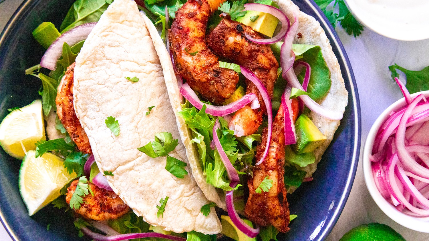 Image of Juicy Grilled Shrimp Tacos with Pickled Onions