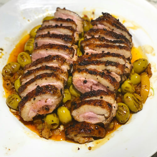 Harissa Roasted Duck Breast with Green Olives and Lemon