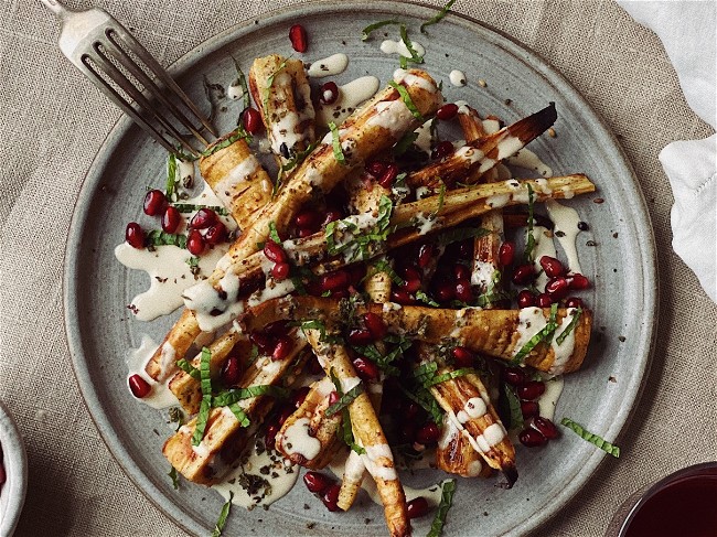 Image of Parsnips with Lemony Yogurt, Pomegranate, Mint & Za’atar