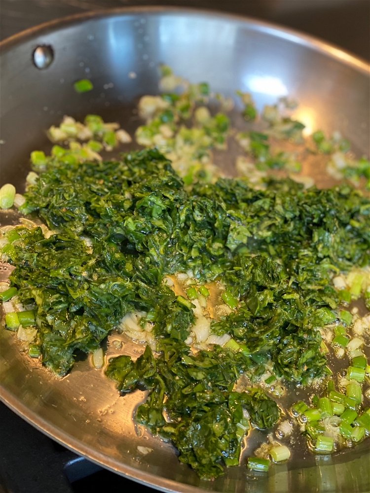 Image of Before adding the spinach-egg mixture to pan, ensure the scallions...