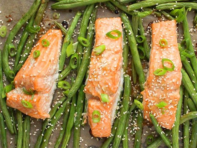 Image of Sheet Pan Salmon with Miso Glaze & Green Beans Recipe
