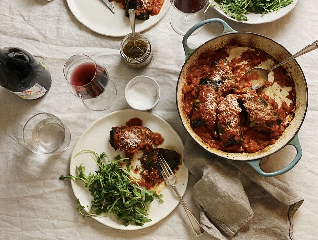 Image of Tomato Sauce Braised Collard Rolls