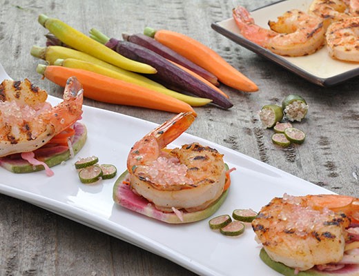 Image of Watermelon Radish Crostini with Grilled Shrimp and Finger Lime Citrus Caviar