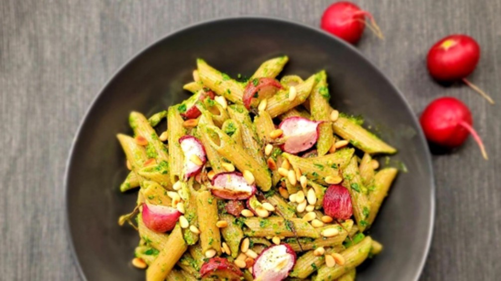 Image of Radish Pesto Pasta with Tomato Salad