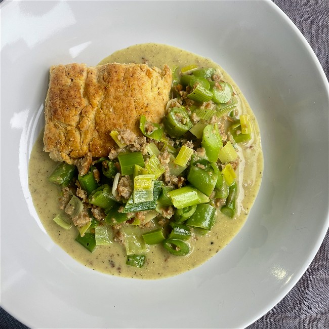 Image of Spring Vegetable Biscuits and Gravy