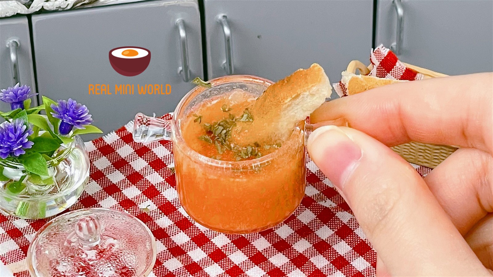 Image of Tiny Food Recipe: 🤤 Creamy fresh tomato soup with baguette|Miniature cooking at the mini kitchen