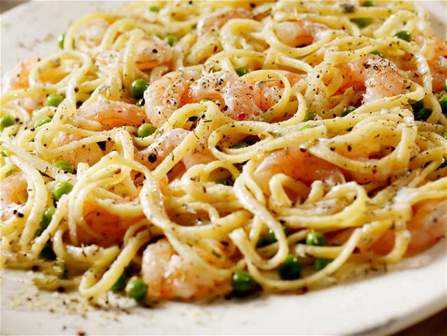 Image of Spicy Shrimp Scallop Pasta with Green Peas Recipe