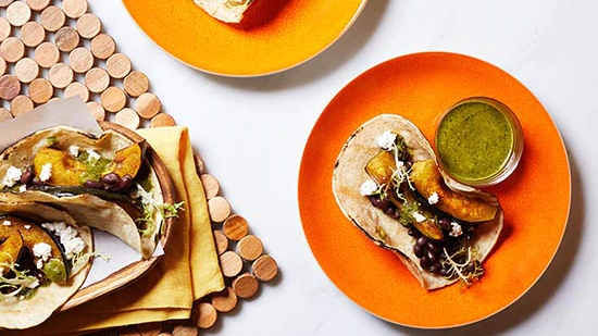 Image of Pumpkin Black Bean Tacos with Cilantro Lime Sauce Recipe