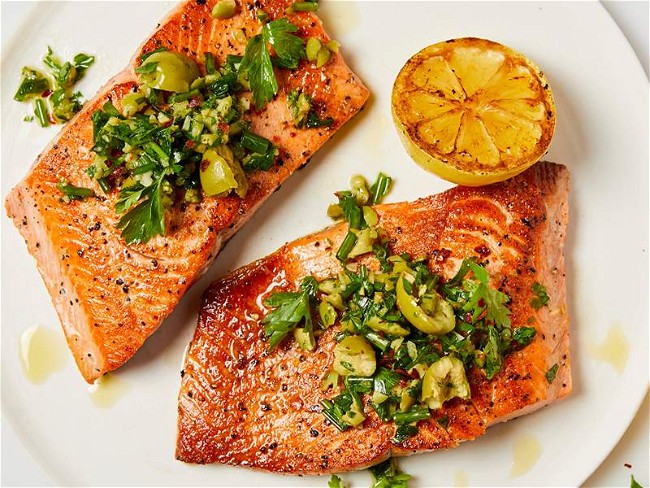 Seared Alaska Salmon with Green Olive Salsa Verde | Unique Salmon Recipes