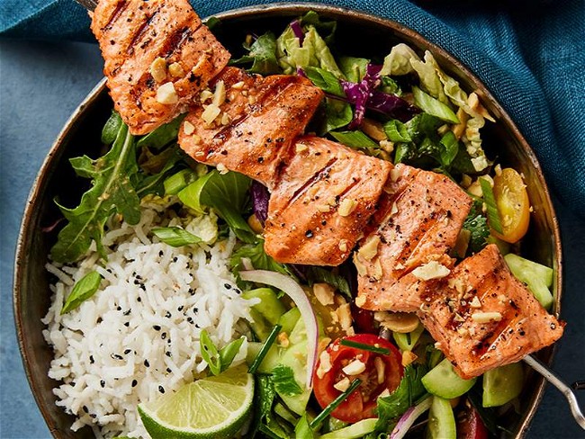Image of Char-Grilled Salmon Rice Bowl with Peanut Sauce