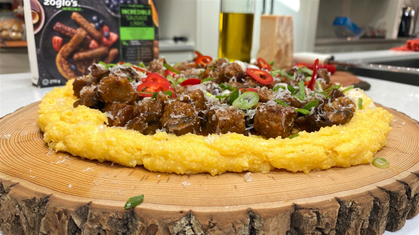 Image of Plant Based Sausage and Mushroom Ragu over Polenta