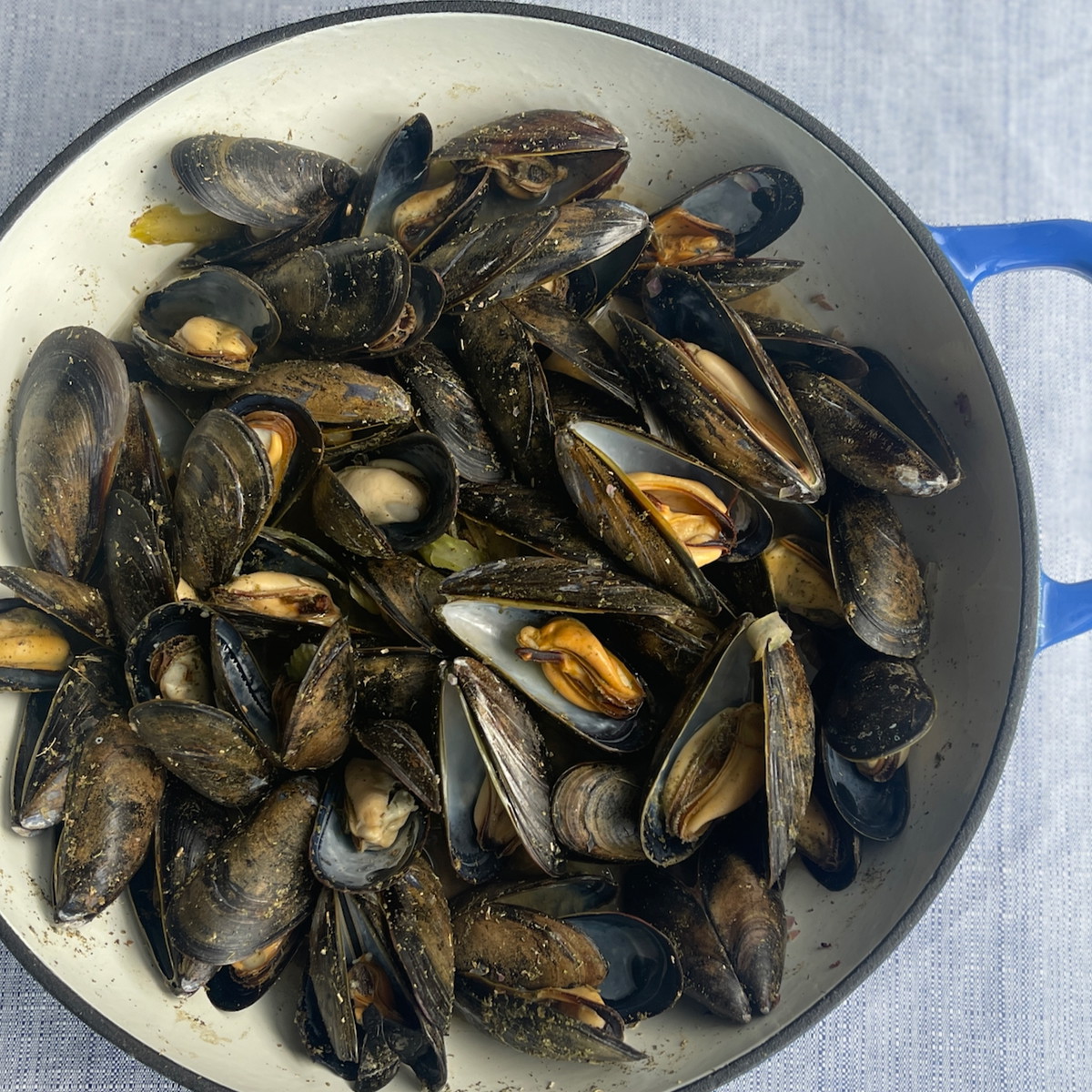 Vermouth Steamed Mussels with Lemon Verbena, Sage, and Ginger