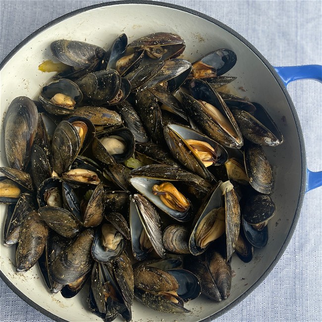 Image of Vermouth Steamed Mussels with Lemon Verbena, Sage, and Ginger