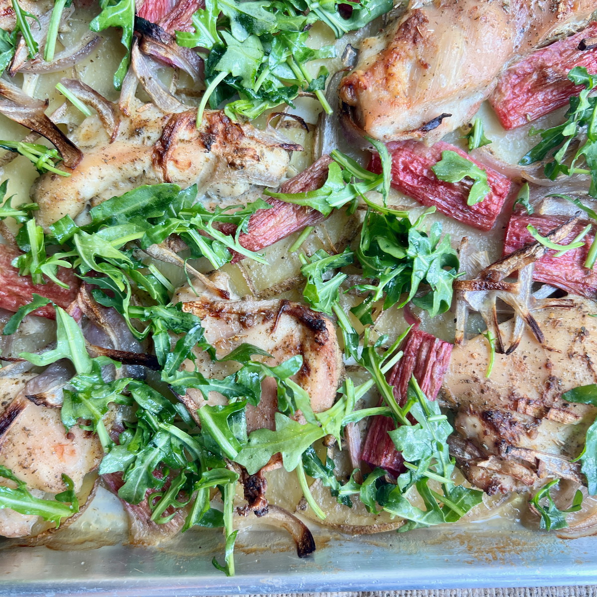 Rhubarb Chicken with Potato and Arugula