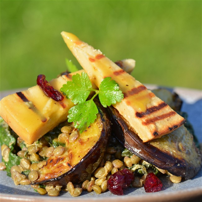 Image of Lentil, eggplant and smoked cashew cheese salad