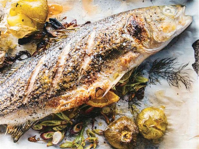 Image of Whole Roasted Branzino with Tomatillos and Herbs