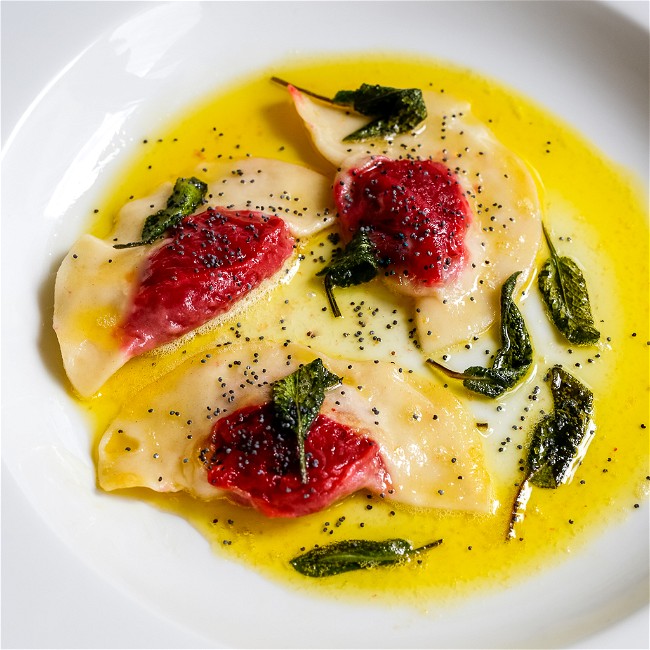 Image of Beetroot ravioli with burnt butter and sage