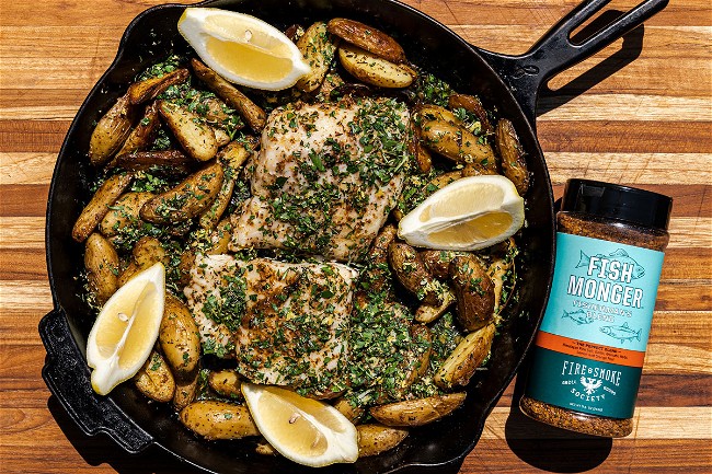 Image of Grill-Roasted Halibut & Fingerling Potatoes with Fish Monger