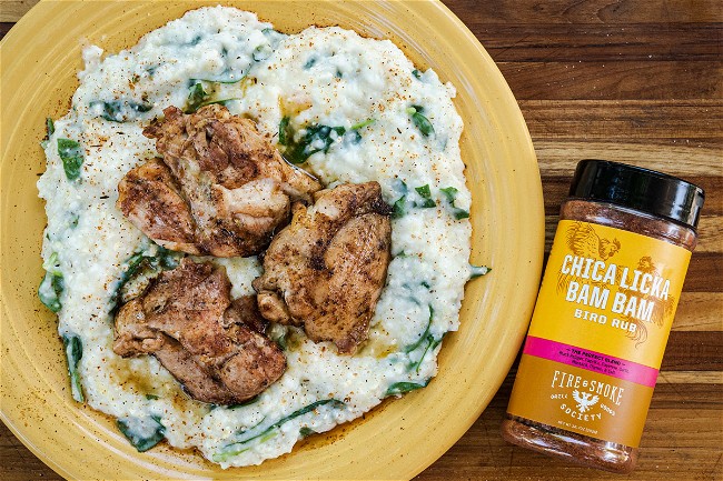 Image of Grilled Bayou Chicken with Creamy Grits & Greens