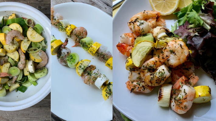 Image of Skewered Shrimp with Leeks and Yellow Squash