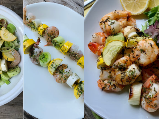 Skewered Shrimp with Leeks and Yellow Squash – Stacey Hawkins