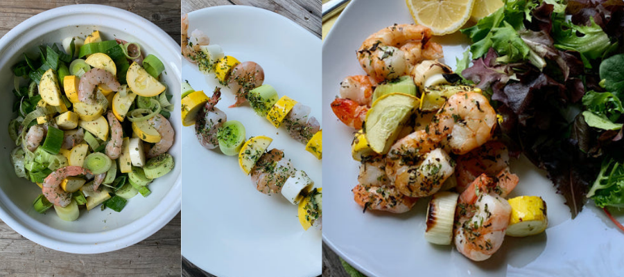Skewered Shrimp with Leeks and Yellow Squash