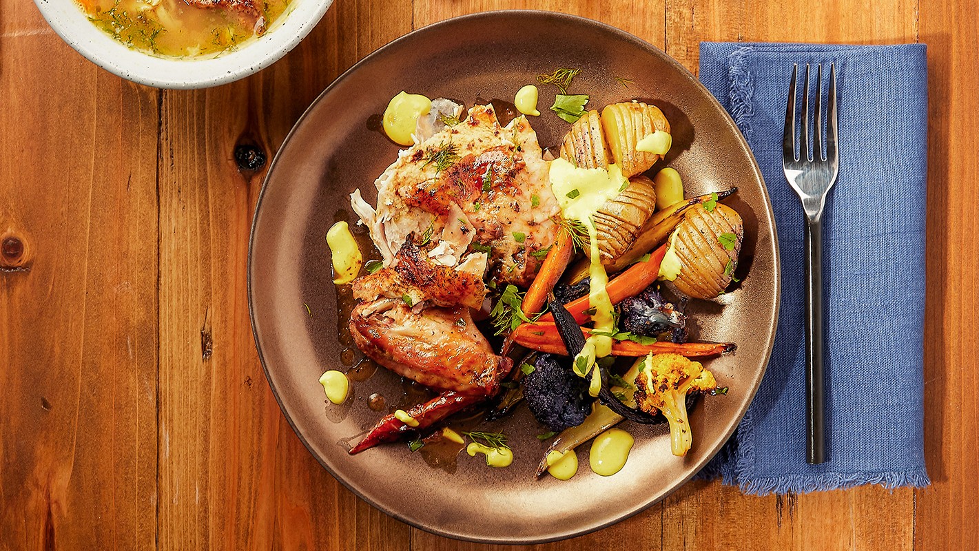 Image of Dutch Oven Poulet Roti with Roasted Vegetables & Turmeric Tahini Sauce