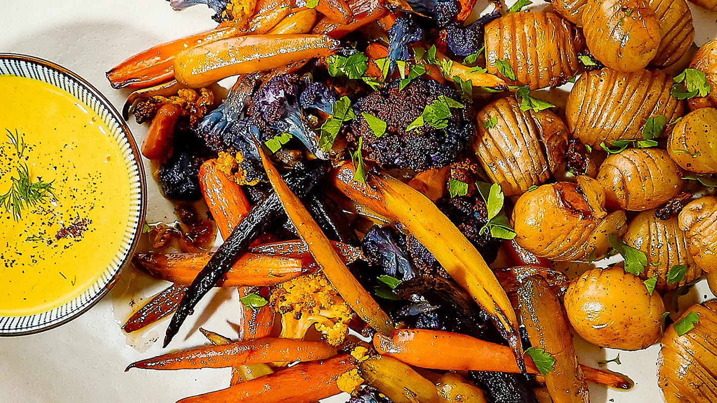 Image of Rainbow Roasted Vegetables with Golden Tahini Sauce