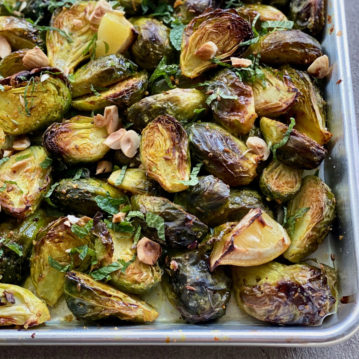 Roasted Brussel Sprouts with Hazelnut and Mint