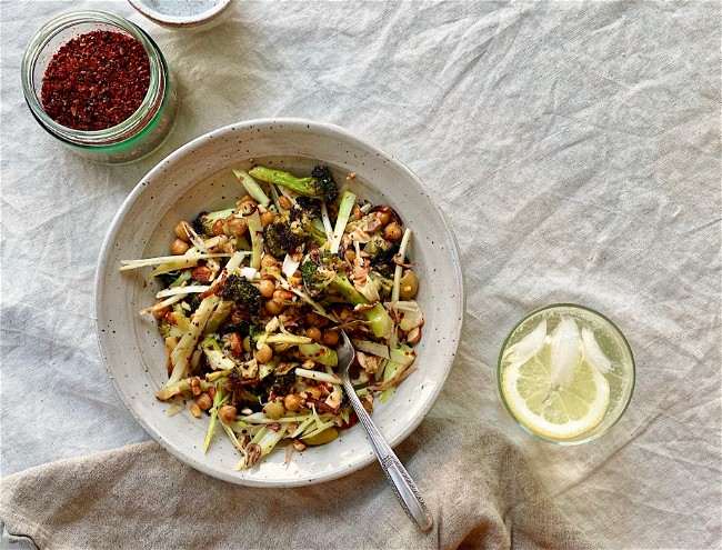 Image of Roasted Broccoli & Chickpeas with Olives, Almonds, and Roasted Whole Lemon Vinaigrette