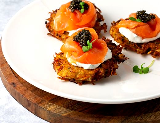 Image of Potato Latkes with Smoked Salmon and Caviar