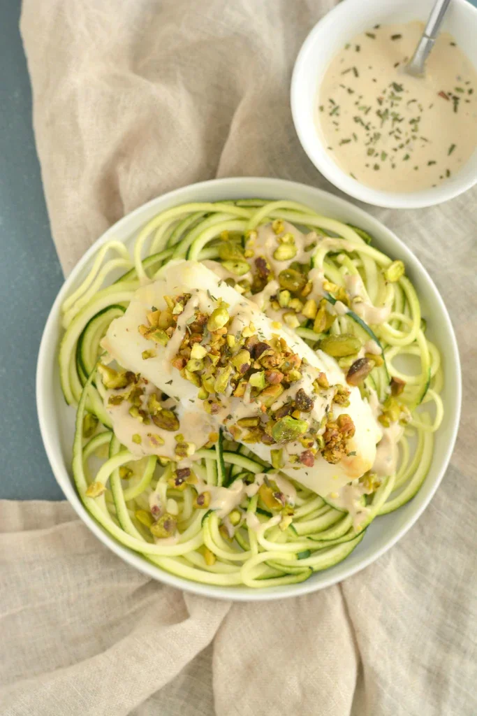 Image of Transfer zucchini to a plate, top with tahini sauce and...