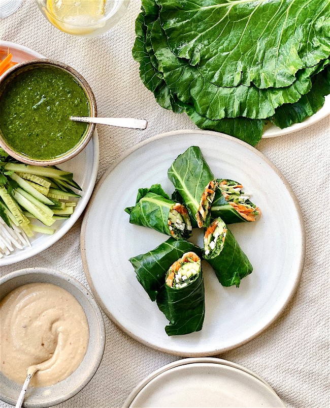 Image of Collard Green Vegetable Wraps with Roasted Garlic & White Bean Hummus
