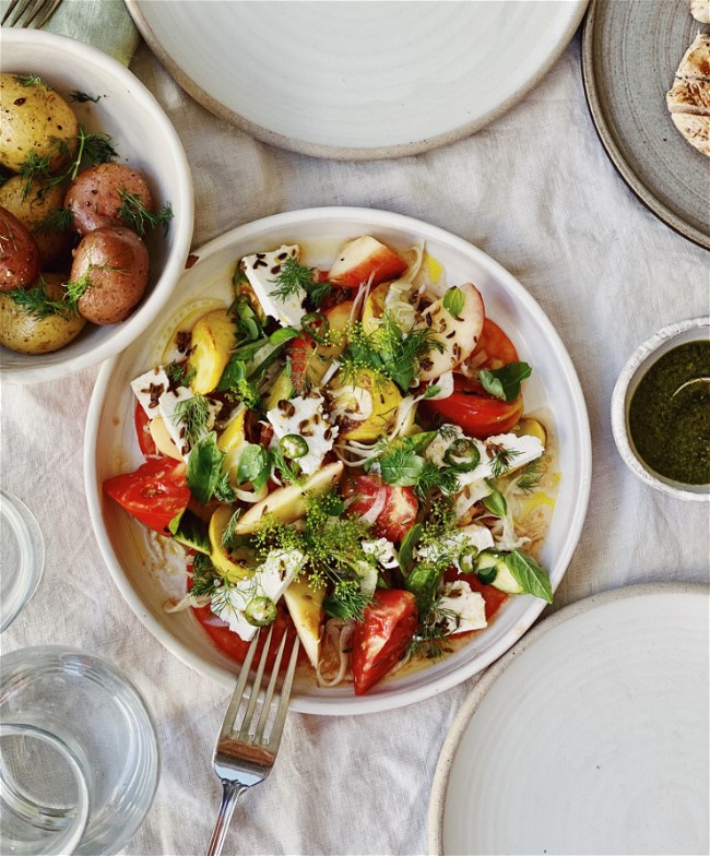 Image of Heirloom Tomato & Summer Vegetables with Feta and Fennel Seed Vinaigrette