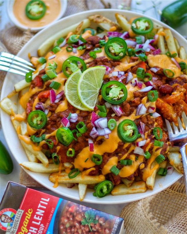 Image of Vegan French Lentil Chili Cheese Fries by Francesca of @plantifullybased