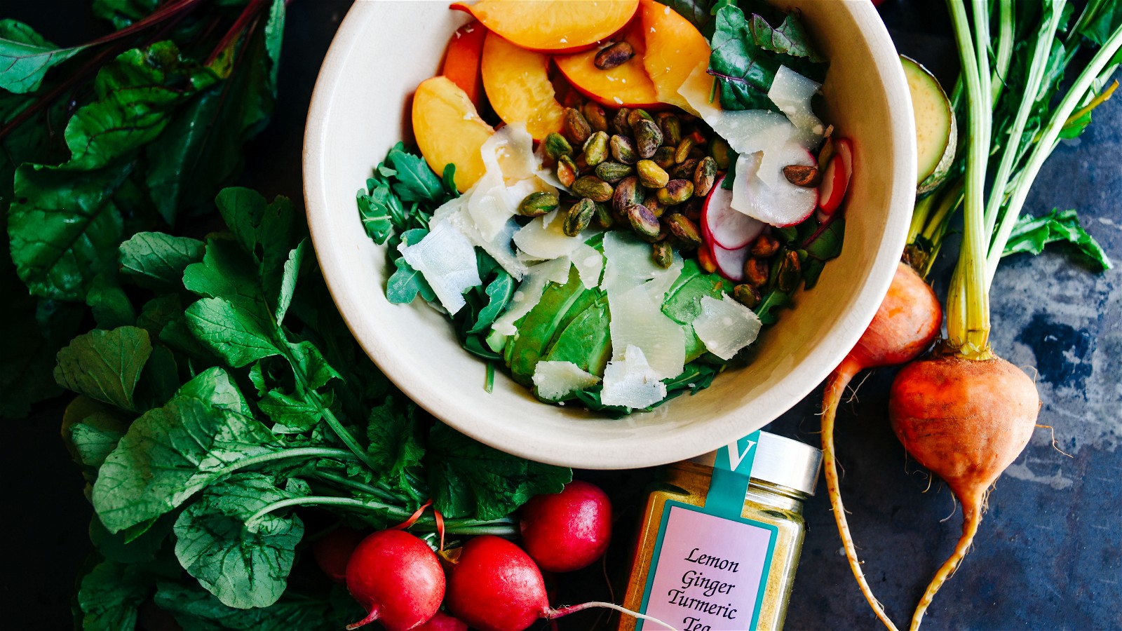 Image of Beet and Nectarine Salad with Lemon Ginger Turmeric Tea Vinaigrette