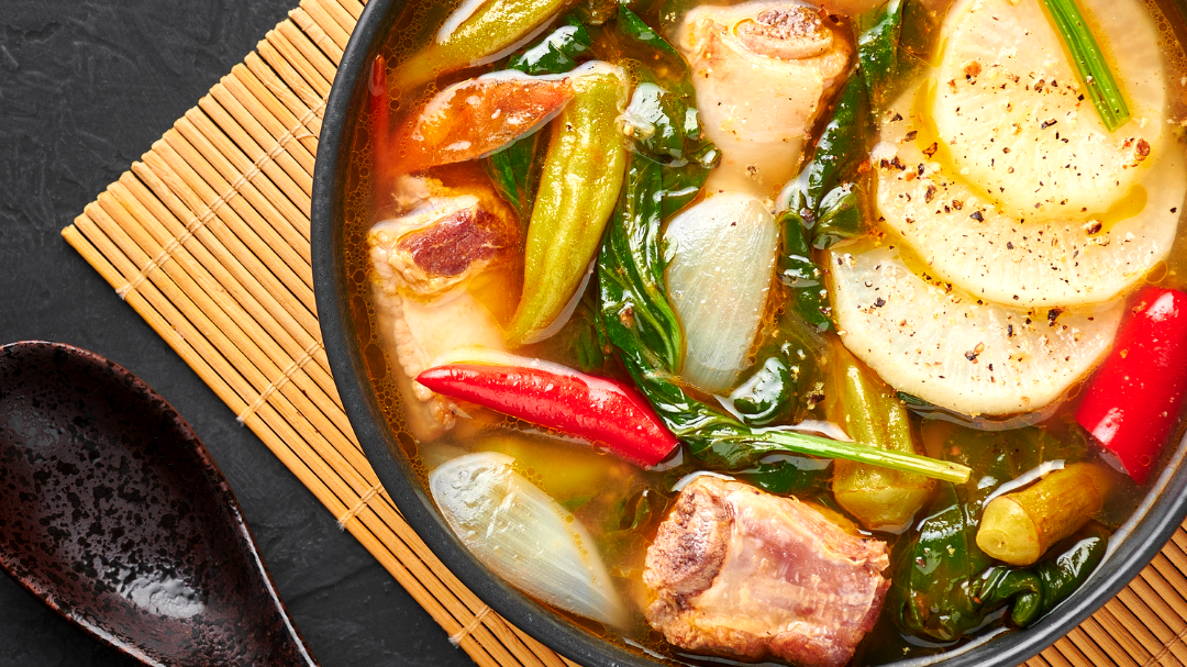 Image of Sinigang na Baboy or Filipino Pork Sinigang Soup with Vegetables