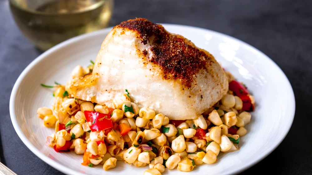 Image of Baked Chilean Sea Bass with Fresh Corn Salad