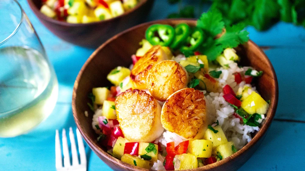 Image of Seared Scallops with Coconut Rice and Pineapple Salsa