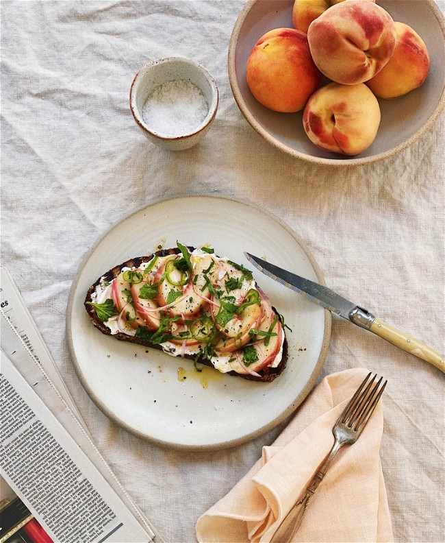 Image of Marinated Peach Tartine with Whipped Feta, Thyme & Shiso