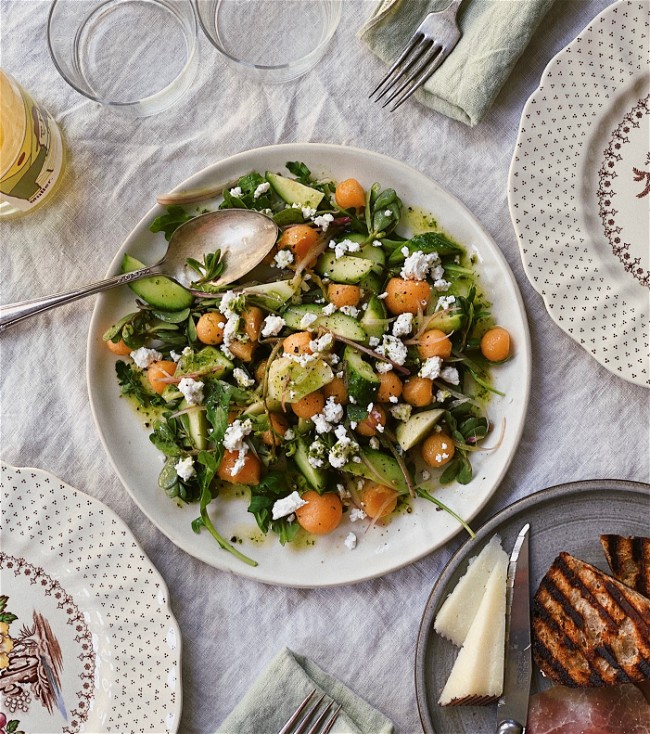 Image of Purslane, Melon and Cucumber Salad with Basil Vinaigrette
