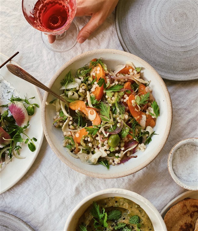 Image of Israeli Couscous Salad with Olives, Stone Fruit & Fennel