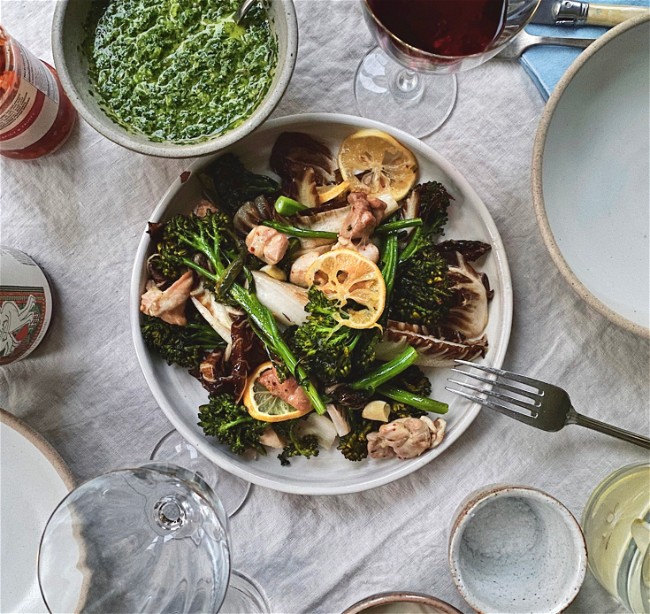 Image of One-Pan Chicken, Broccoli, and Fall Greens with Salsa Verde