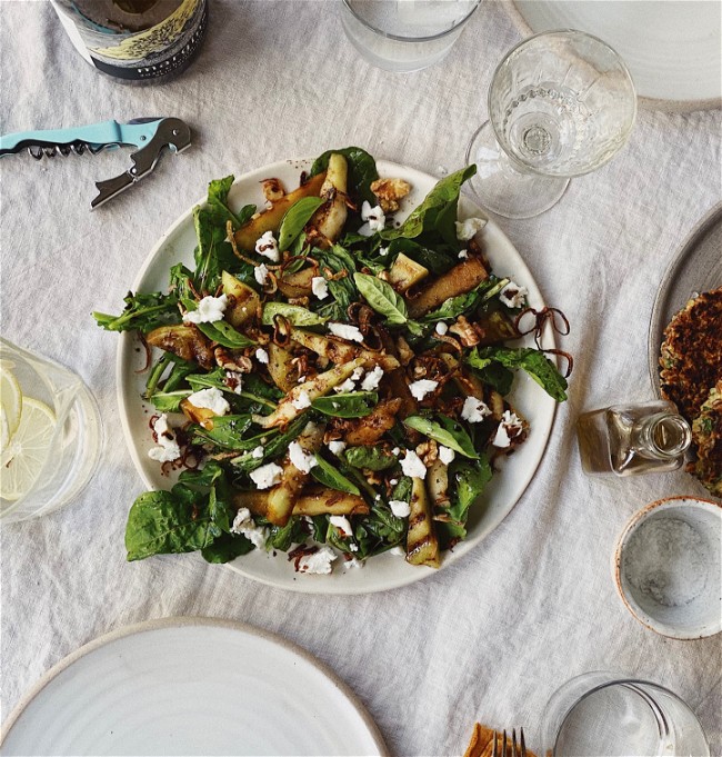 Image of Grilled Summer Fruit & Arugula Salad with Goat Cheese, Crispy Shallots & Balsamic Reduction
