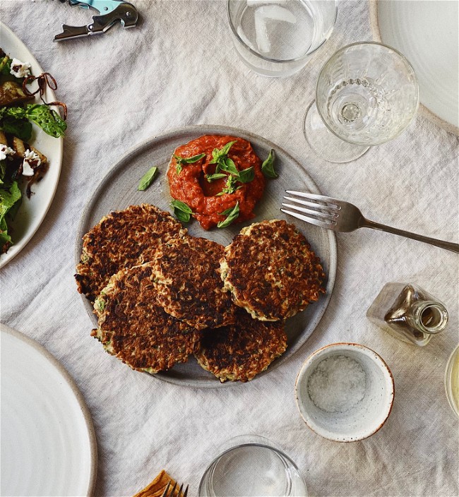 Image of Farro & Zucchini Cakes with Tomato Sumac Jam