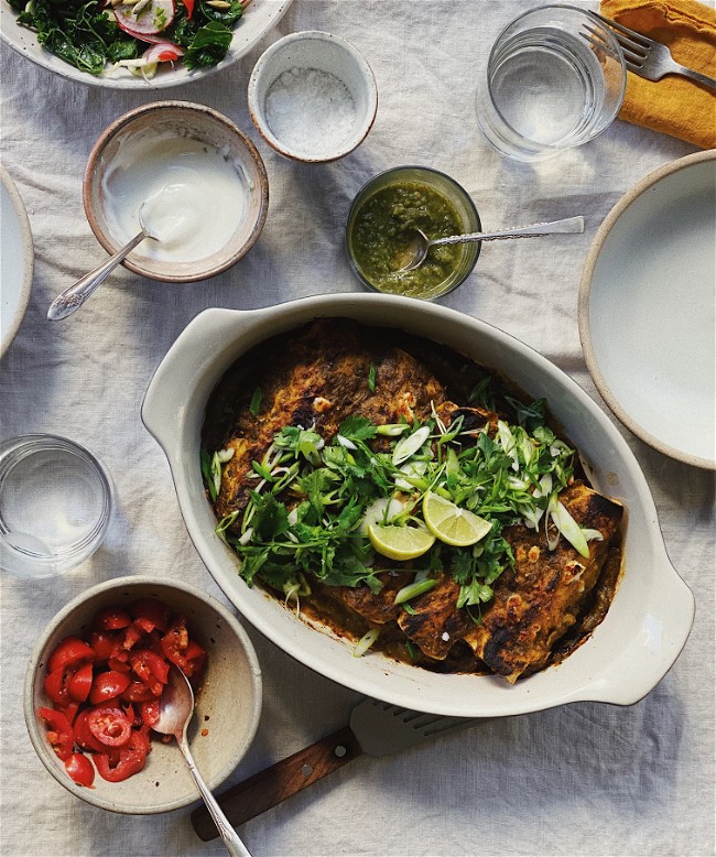 Image of Early Fall Enchiladas in Green Tomatillo Sauce